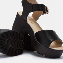 Black Ankle Strap Chunky Platform Cleated Sandals