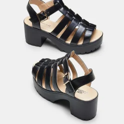 Black Chunky Platform Cleated Strappy Sandals