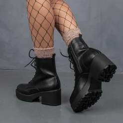 Black Leather Chunky Platform Military Boots In Size 10