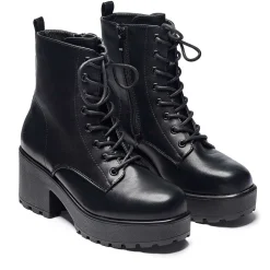 Black Leather Chunky Platform Military Boots In Size 10