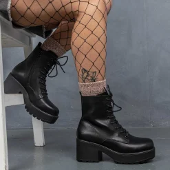 Black Leather Chunky Platform Military Boots In Size 10