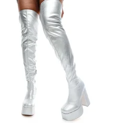The Redemption Plus Size Thigh High Boots - Silver