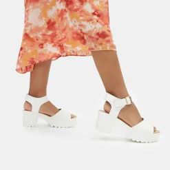 White Ankle Strap Chunky Platform Cleated Sandals
